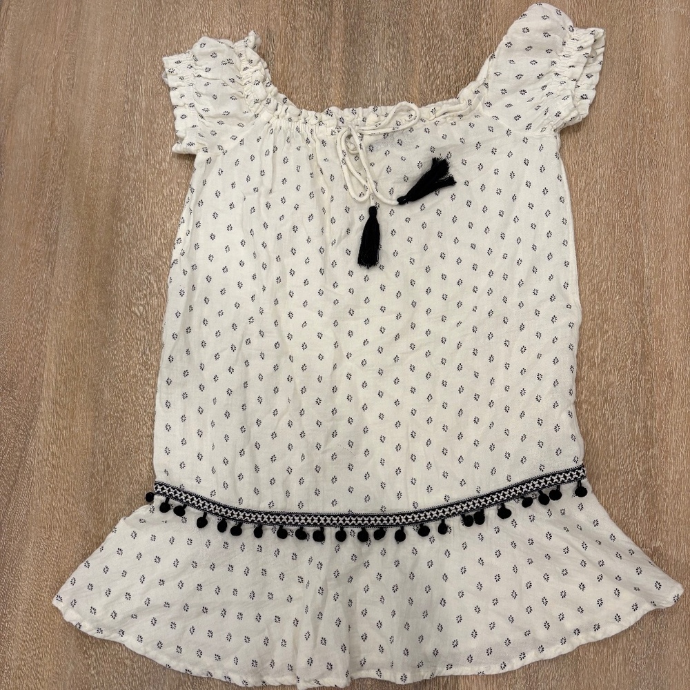 MinkPink Boho Off Shoulder Cream Mini Dress Tassel Trim Size S